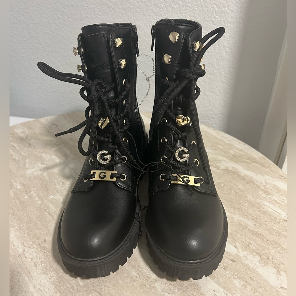 NWOB Guess Black Combat Boots with Gold Accents